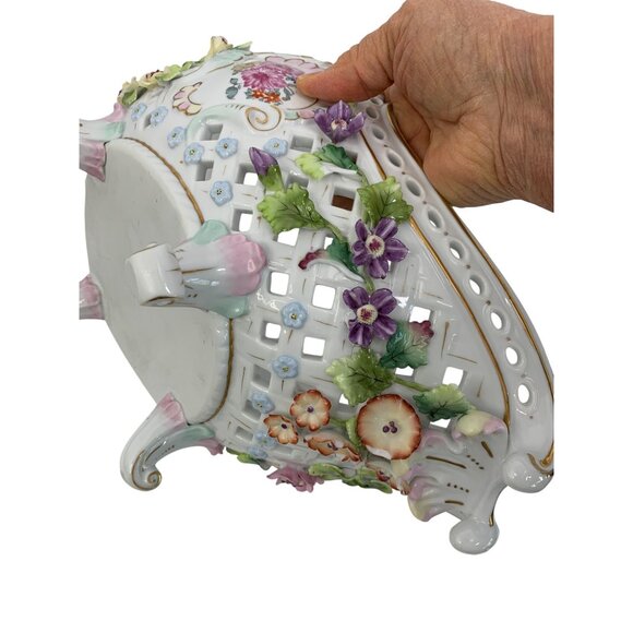 Antique Large Porcelain Floral Footed Centerpiece Bowl encrusted Rose & Leaf - Picture 4 of 16